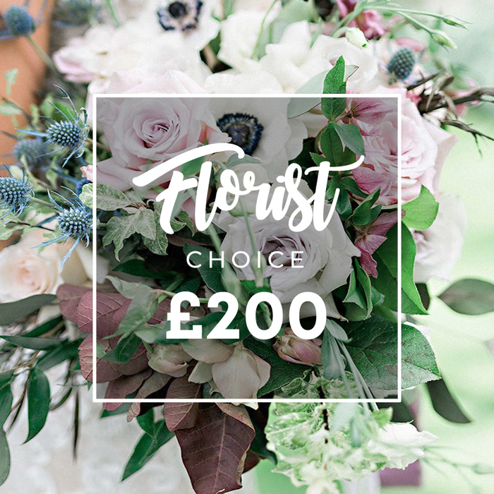 An exquisitely staged Florist Choice bouquet captured in a close, soft-focus portrait reveals a couture blend of soft pastels. The bouquet features delicate light pink garden roses fully opened, creamy white and pale lavender-grey roses, and white anemones with their characteristic dark centers, all arranged among lush greenery, including eucalyptus-like foliage and deep burgundy leaves that add warmth and depth. A spiky, blue eryngium accent introduces an unexpected texture and a cool glint. The arrangement's natural, garden-influenced mood is enhanced by slender stems and generous volume, suggesting a substantial, premium gift appropriate for weddings or anniversaries in Oxford. A semi-transparent white panel sits across the center, bearing Florist CHOICE and the price ?200 in crisp white typography, ensuring the label complements rather than competes with the blooms. The background is softly blurred to keep the focus on form, texture, and scent potential, as if photographed in a sunlit corner of a courtyard near the Oxford colleges. This image showcases the craft of a local florist who selects seasonal blooms for lasting beauty, ready for delivery across Oxford and nearby areas such as Summertown, Jericho, and the Cowley Road corridor. A hint of sweet fragrance seems to ride the air, and the palette echoes the quiet elegance of an Oxford afternoon. This image speaks to the region's love of refined, natural design and to Flowers Oxford's reputation for thoughtful, seasonal curation.