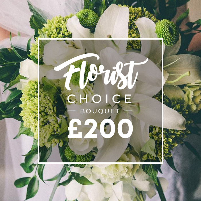 An opulent hand-tied bouquet dominates the frame, the white lilies unfurling like pure satin against a backdrop of bright lime-green accents. The large white blooms soar at the heart, while smaller white clusters-ranunculus or spray roses-add delicate layers and texture. The lime-green elements, dense and rounded, evoke Green Trick dianthus or viburnum, giving the arrangement a sculptural, contemporary edge. Rich, dark green foliage-eucalyptus and ruscus-winds throughout, adding depth and a lush garden feel. The bouquet is held by a person in pale attire, with a softly blurred Oxford backdrop suggesting a wedding or formal event, making the blooms the undeniable focal point. A clean white rectangular frame sits at the center, bearing Florist Choice Bouquet in graceful script and the bold ?200 price at the bottom in sans-serif. This image signals a premium, ready-to-order gift from Oxford florists, perfect for high-end flower delivery across the city from Carfax to Cowley Road, and for weddings, anniversaries, or significant celebrations that require elegant, modern floral design.