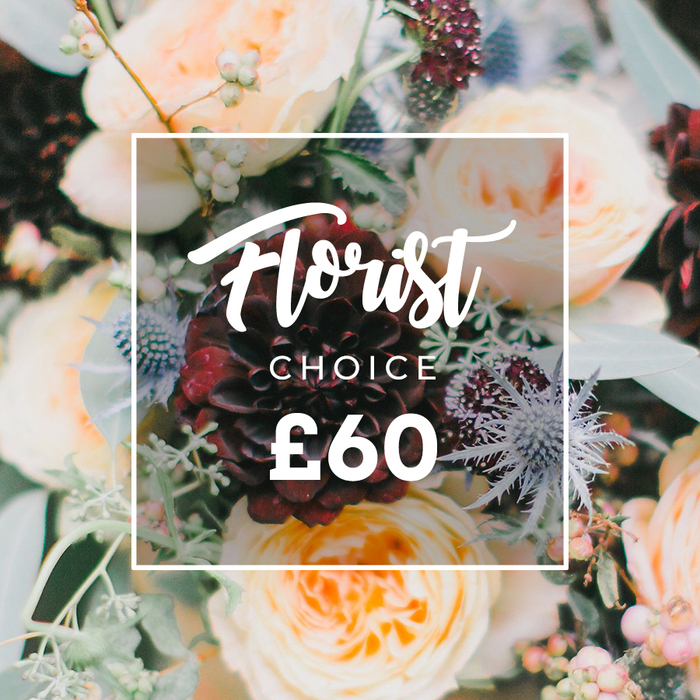 This richly textured bouquet reads like a carefully composed paragraph of colour and touch: at its centre sits a striking deep burgundy dahlia, petals densely layered and velvety to the eye, creating an intense focal point. Encircling it are generous garden roses in creamy white, soft peach, and light apricot, their petals ruffled and thick, offering a classic, romantic counterpoint. The cool, sculptural spikes of silver-blue eryngium (sea holly) thread through the roses, introducing an unexpected, contemporary edge and an alluring tactile contrast. Small pale green or white berries-likely hypericum-cluster in pockets, catching light and adding delicate form; meanwhile, varied eucalyptus and green foliage provide a soft, silvery-green framework that feels both cultivated and wild. The photographer's lighting emphasizes texture: glossy highlights on leaves, matte velvet in the dahlia, and translucent edges on rose petals, producing a sense of depth and botanical richness. Centered atop the flowers is a simple white square with rounded corners; inside, white lettering presents the word Florist in an elegant flowing script, CHOICE beneath in compact uppercase sans-serif, and the price shown as ?60 in a bold sans-serif - a clear visual label for this designer selection. Lush and considered, this bouquet suits milestone celebrations, intimate weddings, or a comforting delivery to someone near Cowley Road or Botley Road in and around Oxford.