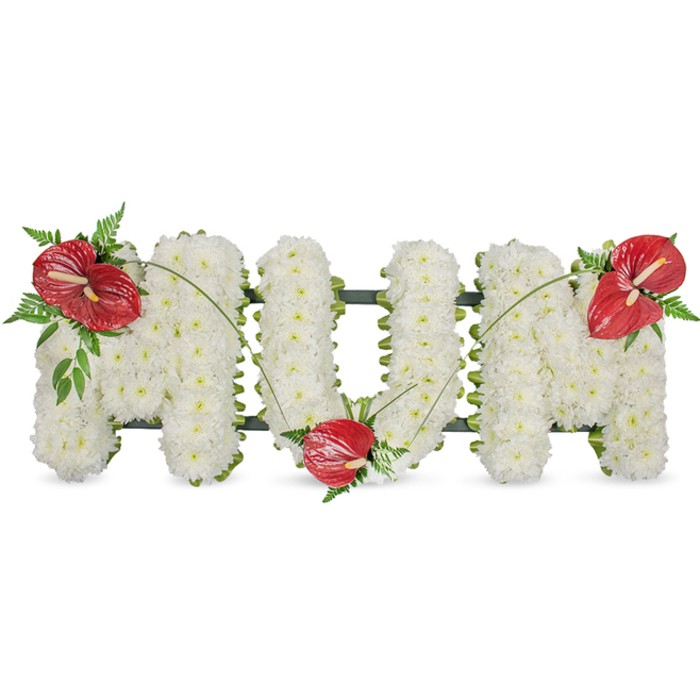 A carefully composed memorial piece that spells 'MUM' in three-dimensional letters, each letter densely covered in little white spray chrysanthemums to create a uniformly soft, pillowy surface. The repetition of delicate white blooms produces a serene, luminous effect against the plain white background, while a dark green framework is visible as a subtle outline that supports the letters and holds the arrangement's crisp shape. Three striking red anthuriums provide focal points - glossy, sculptural and alive with a smooth, waxy surface surrounding a pale white-yellow spadix - positioned deliberately: one graces the upper left curve of the first 'M', one is tucked into the lower hollow of the 'U', and the last sits on the upper right of the final 'M'. Each anthurium rests upon a small cluster of rich green foliage, including soft fern fronds and broader leaves that add texture and shadow. Thin, arching green stems or blades of grass sweep across the composition, linking the red accents and guiding the eye across the letters with a gentle, organic rhythm. Under soft daylight the contrast between the chrysanthemums' matte white and the anthuriums' glossy red feels both dignified and warm; the overall impression is one of calm reflection, respect and deep affection. Crafted with traditional funeral floristry techniques, this tribute would be appropriate for wakes, memorial services, or a graveside setting in and around Oxford - from Jericho to Headington - where families seek a classic and heartfelt expression of love for a mother.