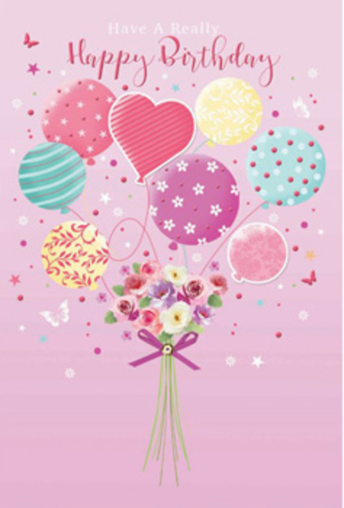 Pastel birthday card illustration showing a bouquet and balloons that seem to float together like a daydream above Oxford's historic rooftops. The background is a soft pink wash, calming and warm, much like the gentle glow you see at sunset over the Radcliffe Camera. From this blush backdrop rises a cluster of airy balloons in pale peach, rosy fuchsia, lemon, and lavender, each one thoughtfully patterned - some with twirling stripes, others dotted with confetti-like spots or tiny floral sprigs. A heart-shaped balloon sits close to the centre, quietly symbolising affection and gratitude. All the strings trail down to a hand-tied bouquet at the base, giving the illusion that the flowers are carrying the celebration upwards. The bouquet features petite roses and daisy-like blooms, their petals shaded from cream to rose pink, with hints of mauve at the edges, as if touched by soft morning light along the Cherwell. The flowers look fresh and inviting, with a suggestion of a sweet, gentle fragrance that might greet you when you open the door of an Oxford florist near the Covered Market. A neat purple ribbon wraps around the stems, its satin texture casting a subtle sheen that catches the same light that glows on the balloon surfaces. Tiny butterflies and star-like accents drift around the arrangement, evoking the lightness of a wish being made. The whole composition speaks of quiet jubilation - a birthday greeting that feels personal and heartfelt, ideal for sending warm wishes across Oxford's neighbourhoods from Summertown to Iffley.