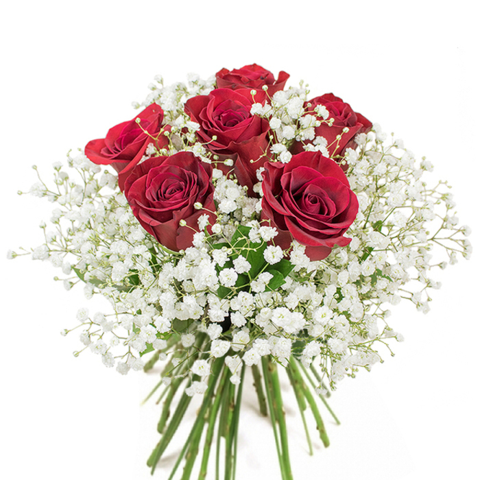 As a florist I relish arranging this familiar, romantic pairing: approximately 18-20 deep red roses gathered into a lush, rounded bouquet and surrounded by delicate white gypsophila in a clear glass vase. Each rose is selected for its rich crimson saturation and gently cupped petals that open to reveal soft spirals; placed closely together they form a generous dome whose silhouette reads immediately as classic and composed. The baby's breath, with its countless tiny, luminous blooms, is used as an airy filler that creates soft halos around each red head and softens the overall profile into something almost cloudlike. Through the unadorned glass vessel the clean, green stems are visible, neatly trimmed and crisscrossed enough to hold the structure while allowing the water to catch light and add a cooling visual plane beneath the warmth of the petals. Set against a crisp white backdrop and photographed in even daylight, the arrangement shows careful textural layering - satin petals, feathery gypsophila, and the rigid smoothness of glass - and evokes a scent that suggests gentle, velvety rose perfume. This bouquet leans into classic romance, making it an ideal selection for anniversaries, Valentine's gestures, or intimate apologies. Locally, it fits the understated elegance expected by clients in Oxford around Carfax, the High Street, and the tranquil lanes near Magdalen Bridge, where simple, heartfelt gifts are most treasured.