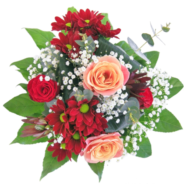 This stunning arrangement is a floral portrait of Oxford's poetic elegance, expertly composed with a striking balance of shape, colour, and texture. At its heart lie bold red chrysanthemums and rich, velvety roses, their intense hues suggesting both passionate energy and timeless romance, much like the city's own twin riverbanks. Peach and apricot roses weave a thread of gentle warmth, their creamy tones soothing as sunlight in the cloisters of New College. Wisps of white gypsophila nestle between, like pearls scattered over antique manuscript pages in the Bodleian Library, imparting a sense of movement and sophistication. A crystal-clear vase provides both foundation and lift, echoing the reflective serenity of Magdalen Bridge's waters. Hands may distinguish the tactile play of silken petals, strong verdant leaves, and weightless gypsophila, while the air carries a fragrance reminiscent of a summer garden waking in early morning. Created by local artisans at Flowers Oxford, this bouquet speaks of loving gestures, marks new beginnings, or adorns a table at a gathering on St Giles', where sentiment and contemporary style effortlessly unite. Every element-each blossom and leaf-testifies to refined taste and heartfelt intent, promising to leave a lasting impression in any Oxford home.