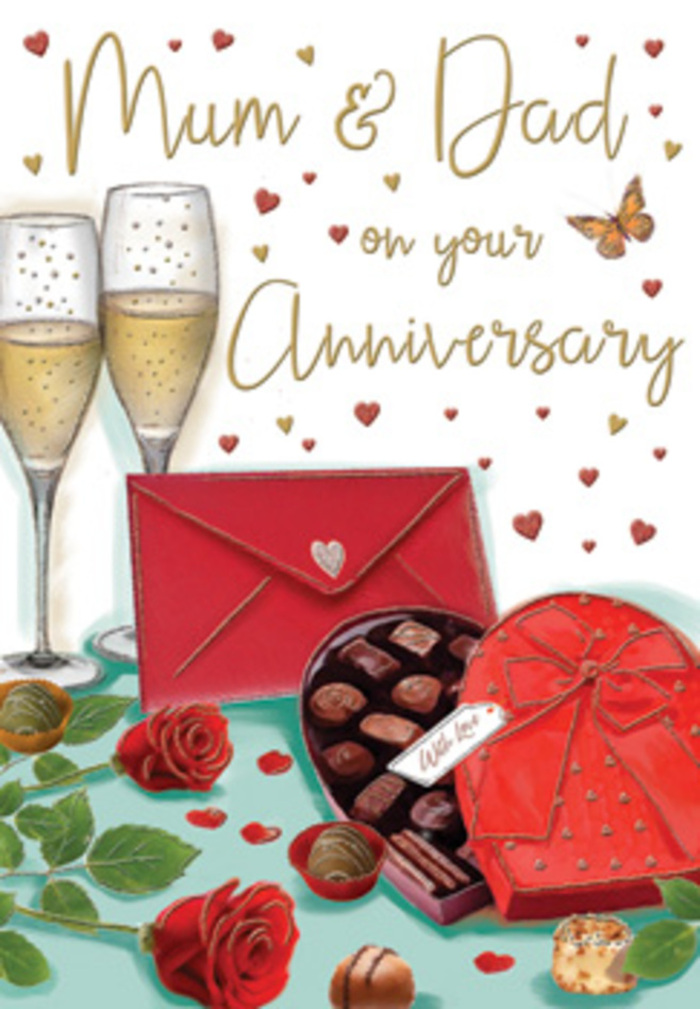 This illustrated anniversary card presents a richly detailed still life that could easily be imagined on a dining table in an Oxford terrace near the Botanic Garden or along Iffley Road. At its heart stand two tall champagne flutes, drawn with fine, clean lines. They are filled with golden champagne, tiny bubbles rising delicately to the surface as though suspended in time just before an affectionate toast. At the base of the glasses lies a luxurious heart-shaped box of chocolates, rendered in a bold crimson red. Its lid is tipped open, revealing an array of perfectly arranged chocolates, each one shaded to suggest a glossy, tempting surface. A broad red bow made of satin ribbon curls across the lid, its folds carefully illustrated to convey softness and sheen. Resting nearby are two lush red roses, their petals layered and velvety, nestled among rich green leaves. The flowers look as if they have just been selected by an experienced florist who knows how to choose blooms that speak of admiration and deep affection. A bright scarlet envelope, sealed and slightly angled, hints at an intimate written message-perhaps a note of gratitude from children to Mum and Dad, or a loving line between partners. The tabletop is dotted with a few loose chocolates, adding a sense of informal, shared enjoyment. All around, gold and red hearts drift across a warm background, circling graceful hand-lettering that conveys anniversary wishes. The whole composition glows with a cosy, romantic warmth, evoking the feel of an evening spent behind familiar Oxford stone walls, where love is celebrated quietly over champagne, chocolates, and heartfelt words.