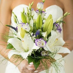 Imagine a sunlit morning in Oxford, where the beauty of a hand-crafted bridal bouquet comes alive in the heart of the city. This exquisite arrangement-fresh from the skilled hands of Oxford's local florists-features satiny white Oriental lilies, their outsized petals luminous and dusted with speckles, radiating a sense of purity and classic charm. White lisianthus blooms interlace among the lilies, some swirling open with soft ruffles tinged in lavender and others still nestled as tight, promising buds. Amethyst-hued Veronica and sprays of indigo create lush, whimsical accents, hinting at the lively markets of central Oxford. Gypsophila, or baby's breath, drifts delicately throughout, blurring the boundaries between each floral component and infusing the bouquet with a gentle, airy softness. Glossy greenery-broad and slender, deep and light-cascades around the composition, including the dreamy wisp of asparagus fern and robust unopened lily buds, so that every angle and layer appears plucked straight from the meadows behind Christ Church. Against the subtle texture of a white wedding dress, the bride's polished hands reflect serenity and excitement, embracing both tradition and artistry. This bouquet, ideal for celebrations in Oxfordshire's historic venues, echos a feeling of understated luxury and warmth-perfect for those seeking a blend of modern elegance and the storied romance of Oxford's riverside and cobbled streets.