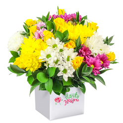 A lush, rounded bouquet spills generously from a modern white cube box, set against a bright white background that makes every petal and leaf appear crisp and defined. The arrangement feels like a joyful burst of colour, similar to catching the first sunshine over Oxford's High Street after a spell of rain. Dominating the design are glowing yellow blooms: tight clusters of yellow spray roses, some still in bud and others softly opening, mingle with large, cushiony yellow chrysanthemums whose many fine petals create a cloud-like texture. These warm tones are cooled and balanced by fresh white flowers, including daisy-style chrysanthemums with lively green centres and fuller white mums that give the bouquet structure and a sense of airy lightness. Threaded throughout are striking fuchsia and magenta chrysanthemums, their velvety petals layered in soft whorls, with hints of paler pink appearing like gentle highlights. Glossy, deep green foliage, likely sturdy ruscus or similar leaves, frames the flowers and peeks through the blooms, adding a natural, leafy contrast that evokes well-kept Oxford gardens in Jericho or Summertown. The white square box, with its clean lines and simple design, serves as both vase and presentation gift box, making the whole arrangement feel contemporary and easy to place on a desk, coffee table, or reception counter. The scene suggests a bouquet freshly prepared by an experienced Oxford florist, ready for same-day delivery across the city, whether as an affordable way to say thank you, a bright surprise for someone working near the Covered Market, or a cheerful centrepiece for a cosy student flat near Cowley.
