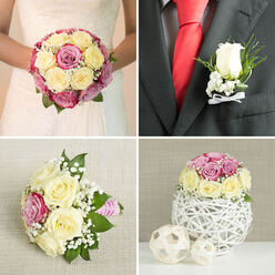 This four-part collage portrays an elegant wedding flower collection that could easily belong to a celebration in one of Oxford's historic townhouses or riverside hotels. In the top left frame, the bride's torso is shown as she holds a classic, round hand-tied bouquet close to her lace-trimmed bodice. The composition is densely packed with cream and pale yellow roses mingling with richer pink and mauve blooms, their petals layered and luminous. Threads of white baby's breath weave through the roses, while subtle flashes of green foliage provide contrast, giving the bouquet a luxurious yet timeless feel. The top right image focuses on the groom's boutonniere, neatly pinned to the lapel of a dark grey suit. Against the crisp white shirt and a vivid red silk tie, a single white rosebud stands out, cradled by petite white filler flowers and a slim curve of greenery. The stems are finished with a delicate white satin bow, suggesting careful craftsmanship and an eye for small, meaningful details. In the bottom left panel, a bridesmaid's bouquet lies gently on a pale, textured linen surface. This smaller posy mirrors the bridal bouquet's colours, with cream and pale yellow roses, a handful of bright pink blooms, and generous sprays of baby's breath softening the outline. A pink and white striped ribbon wraps the stems into a neat handle, adding a youthful, joyful note. Finally, the bottom right frame presents a compact rose arrangement perched atop a white twig sphere, flanked by two smaller woven orbs. This centrepiece, with its mix of cream, yellow, and pink roses, seems ready to take pride of place at a reception table in central Oxford, perhaps near the High or around Jericho.