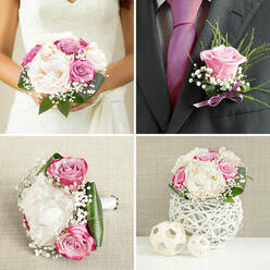 A groom's boutonnière rests delicately against a neutral backdrop, captured in close-up so that every petal and sprig is clearly defined, like a treasured detail before an Oxford wedding. The focal point is a single rose in a soft lilac tone, its petals smooth and gently spiralled, polished to a natural sheen that catches the light without harshness. Nestled around the rose are tiny tufts of white baby's breath, each miniature bloom forming a constellation of softness, and a fine spray of feathery greenery that adds fresh contrast and movement. A slender lavender ribbon wraps the base, tied with careful precision so that the tails fall neatly, their satin surface reflecting a subtle, silvery glow. The design feels intentionally understated, the kind of piece chosen by a groom who prefers quiet elegance to showiness, yet still wants something that harmonises with the bridal bouquet. The colours echo the romantic tones often seen in the larger arrangements: lilac, cream, and hints of green that might pair beautifully with a spring ceremony along the River Cherwell or a reception in a converted barn just outside Oxford. You can almost imagine a florist's hands making final adjustments, turning the rose to the perfect angle so it sits gracefully on a lapel. The boutonnière becomes more than an accessory; it is a refined, fragrant symbol of the day's joy, small in scale but rich in texture and sentiment.