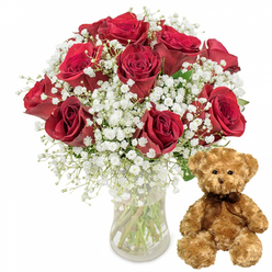 Set against a pristine white backdrop, this image captures a timeless romantic pairing that feels ready to be delivered to a doorstep on an Oxford side street just off the High. On the left, a clear glass vase holds a full bouquet of around twelve deep crimson red roses, each one carefully arranged so that their velvety petals create a rich, layered tapestry of colour. Some blooms are wide open, revealing spiralled centres, while others are slightly cupped, suggesting the freshness you might expect from flowers arranged that morning by a local florist in East Oxford. Interwoven among the roses are airy sprays of white baby's breath, their tiny clustered blossoms forming a soft mist around the deeper tones. The contrast between the snowy Gypsophila and the dark, romantic reds gives the composition an elegant balance, reminiscent of a classic Valentine's Day gift or a cherished anniversary surprise after a stroll through the University Parks. The glass vase itself is plain and transparent, its cylindrical shape allowing the viewer to see the straight green stems and the clarity of the water, an understated detail that adds to the image's sense of cleanliness and care. To the right of the vase rests a medium-sized teddy bear, seated upright with relaxed paws. Its light brown plush fur looks downy and warm, inviting an instinctive desire to reach out and cuddle it. The bear's face is gently expressive: small, glossy black eyes, a rounded snout with an embroidered nose, and a simple stitched smile that radiates kindness. A narrow dark brown ribbon is tied in a neat bow at its neck, echoing the roses' sophistication with a subtle touch of charm. Overall, the picture conveys tenderness and thoughtfulness, the kind of gift someone in Oxford might send to mark a birthday, an apology, or a quiet milestone shared across the city's historic streets.