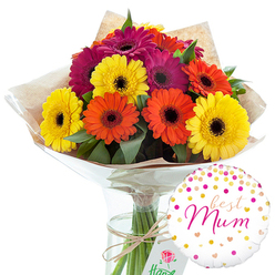 In this carefully styled studio image, a hand-tied bouquet of gerbera daisies brings the kind of brightness that could easily lift a grey morning in Oxford. The arrangement features around a dozen generous blooms, each one fully open so the characteristic dark centre sits like a soft button at the heart of the petals. The colour palette is confidently cheerful: strong sunny yellows, zesty oranges, and deep magenta-pink gerberas sit side by side, creating a vivid, almost painterly mix reminiscent of the colourful shopfronts and café terraces around Cowley Road. Dark green foliage peeks between the flower heads, adding texture and depth while framing the vibrant petals. The stems are gathered and wrapped in layers, beginning with rustic brown kraft paper that brings a hint of countryside charm, then finished in clear, glossy cellophane that smooths the silhouette and gives a freshly prepared, ready-to-deliver feel. A length of simple twine is tied securely around the stems, grounding the bouquet with a natural touch. The flowers are set upright in a slim, transparent glass vase filled with water, revealing the parallel green stems and the clean, uncluttered lines of the design. To the bottom right of the bouquet, a round white helium balloon adds to the sense of celebration. Its surface is scattered with tiny gold and pink confetti dots and delicate hearts, circling the affectionate phrase best Mum written in flowing pink script. The scene evokes the feeling of a thoughtful surprise arriving at a home or office near Jericho or Headington, a bright and loving gift designed to express gratitude, admiration, and joy for a treasured mother figure.