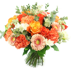 Bathed in soft, natural light, this compact, hand-tied bouquet reads like a sunny corner of an Oxford summer. The palette is lively but harmonious: rich orange and apricot roses unfold in concentric spirals, their velvety faces offering a warm, heady perfume; coral and peach carnations contribute dense, frilled texture that invites a fingertip to trace each ruffle; and peach-pink gerbera present broad, open discs with subtle green centres that give a playful, modern note. Nestled between these showier blooms are clusters of small white filler flowers-think freesia or tiny spray blooms-that brighten the composition and create gentle breathing space. Wisps of pale green, Astrantia-like florets add a soft, starry quality and delicate movement as if catching a light breeze. The eucalyptus foliage, with its rounded, silvery leaves, is woven throughout to provide a cooling, aromatic backdrop and to visually anchor the arrangement. The bouquet is tightly rounded and professionally bound at the stems, photographed on a pristine white background that highlights every hue and texture. It feels both elegant and friendly-perfect for celebrating milestones, expressing thanks, or placing as a cheery centrepiece on a dining table in Jericho or a windowsill overlooking University Parks. As a local florist I imagine delivering this fresh arrangement with care, the scent of roses and eucalyptus trailing softly as it is placed into a vase, turning an ordinary day into a small occasion.
