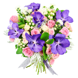 Against a clean white background, this opulent bouquet draws the eye immediately to its dramatic Vanda orchids, whose deep violet and indigo petals are patterned with fine, almost net-like speckles. Their exotic presence gives the design a contemporary, high-end feel, as though it has just been lifted from a boutique florist near Oxford's High Street. Cradling these statement blooms are generous pink roses, their petals soft and layered, some just beginning to spiral open while others are in full, romantic bloom. Nestled around them are clusters of creamy white spray roses, smaller yet abundant, that fill the spaces and create a pillowy, romantic base for the orchids to rest upon. Threaded throughout are tiny white, star-shaped filler flowers and rounded white or cream hypericum berries that look like luminous beads among the petals, adding a gentle brightness and playful texture. Feathery stems of silvery-grey dusty miller drift through the arrangement, their soft, almost velvety leaves giving a cool, misty contrast to the rich greens of the supporting foliage, which shapes the bouquet into a full, rounded silhouette. The stems are gathered and tied with a sheer, iridescent ribbon in tones of silver and purple, subtly reflecting the orchids' colour and catching the light with every movement. The atmosphere of this bouquet is one of thoughtful celebration and refined beauty, well suited to anniversaries, graduations, or an elegant thank-you gift in Oxford. You can imagine it being delivered to a townhouse off the Cowley Road or a quiet home near Summertown, bringing with it the impression of fresh garden scents and a personal, heartfelt gesture.