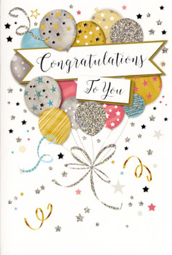 An open congratulations card is shown as though resting beside a freshly tied bouquet in an Oxford flower shop, capturing the feeling of a celebration about to begin. Dominating the design is a cheerful cluster of balloons, drawn in soft, rounded forms that seem to float upward across the front of the card. Their colours blend harmoniously-muted golds and silvers, warm champagne tones, quiet blue, gentle pink, and touches of dove grey-each balloon adorned with glitter-like accents, tiny star motifs, or fine metallic stripes. Under soft ambient light, the metallic details glimmer, resembling party balloons catching the glow from windows along Cornmarket Street at dusk. Slender ribbons in shimmering gold and silver trail from the balloons, curling and converging in an elegant knot that subtly grounds the lively composition. Around them, scattered stars, swirling lines, and flecks of confetti create movement, suggesting the joyful chaos of a surprise celebration in a Magdalen College quad or a family gathering in Summertown. A central banner gracefully unfurls across the middle, carrying the message "Congratulations To You" in ornate, flowing script that feels both heartfelt and polished. The background remains light and uncluttered, allowing the colours and metallic effects to stand out without overwhelming the eye. There is a sense of gentle luxury, like the pairing of a thoughtfully chosen greeting card with a hand-crafted arrangement from Flowers Oxford, delivered to mark graduations, promotions, or any cherished milestone. The design radiates warmth, pride, and sincere happiness, as if the whole card has been created to hold a moment of achievement and make it feel beautifully unforgettable.