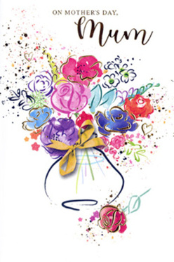 This Mother's Day card features a dreamy, floral illustration that unfurls across a crisp white background, resembling a spring bouquet brought home after browsing the stalls off Oxford's High Street. At the centre, vivid pink and rich magenta blossoms-suggestive of open roses and garden favourites-are brushed in soft, layered strokes, each petal edged or kissed with deep indigo to give them shape and movement. Around them, gentle blues and lavender-toned flowers soften the palette, like the calming hues of wisteria trailing over college walls, lending a soothing balance to the brighter, more exuberant pinks. Delicate veins of metallic gold trace petals and leaves, glimmering as though the morning sun is touching dew-drops on fresh-cut stems. The bouquet appears to spill outward with joyful energy, tiny splashes and spatters of colour radiating into the surrounding space so the flowers feel almost alive, swaying in an invisible breeze. Anchoring the composition is a softly painted vase, ribboned at the neck with an elegant golden bow that suggests the thoughtful finishing touches of a skilled local florist. The overall design is airy yet full-hearted, a light, hopeful composition that captures the feeling of early spring along the Thames path-fresh, optimistic, and brimming with affection. It's a visual promise of care and appreciation, perfect for expressing love to a mum in Oxford, whether she lives near Jericho, Headington, or just around the corner from the dreaming spires.