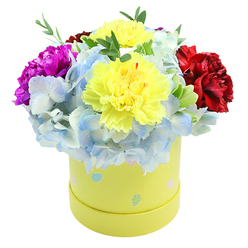 Seen from a slightly elevated angle, this compact, exuberant bouquet sits in a round pastel yellow gift box and feels like a small festival of colour. Two plump, ruffled yellow carnations anchor the center with lemony warmth, their petals catching and diffusing a soft, morning-like light. Surrounding them are clusters of powdery periwinkle hydrangea; the multitude of tiny florets creates a billowy, clouded texture that contrasts with the carnations' sculpted frills. On the left a saturated magenta carnation offers a vivid pop of energy, while on the right a velvety crimson bloom grounds the arrangement with richer tones. Fine green foliage, narrow and glossy, threads through the flowers, adding natural movement and a garden-fresh clarity. The cylindrical hatbox is a gentle lime-yellow, playfully patterned with uneven pastel dots in sky blue, blush pink and pale mint, some with subtle white speckles-details that give the presentation a handcrafted, celebratory feel ideal for Easter or a new-baby surprise. As a local florist accustomed to Oxford's rhythms-whether delivering to the Covered Market, Summertown, or a bedside near the JR Hospital-I arranged this bouquet to read well both in close-up photographs and as a tactile gift. The scent is quietly floral, dominated by green freshness and the faint sweetness of carnations, and the composition suggests thoughtful care: a ready-made blessing for birthdays, anniversaries, or a bright 'thinking of you' moment, perfect for same-day delivery around Oxford when freshness matters most. Flowers Oxford crafts this kind of cheerful elegance with neighbourhood attention.