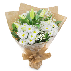 An elegant, predominantly white bouquet is shown standing upright against a spotless white background, every stem carefully placed with the precision of an experienced Oxford florist. The main impression is of soft, layered white petals from abundant daisy-like chrysanthemums, their round faces turned outward as if to welcome the viewer. Each bloom carries a vivid yellow-green centre, adding a touch of light and life that recalls the fresh grass along the River Thames near Port Meadow. Rising through this bed of daisies are several poised, unopened lily buds, slim and graceful, their smooth petals tinted pale green at the edges and fading to creamy white at the tips. These buds, still tightly furled, give the bouquet a sense of quiet anticipation, as though more beauty is yet to come. Fine, branching stems of white baby's breath weave between the larger flowers, their countless tiny blossoms creating a gossamer veil that softens the transitions between white blooms and dark foliage. The greenery, deep and glossy, frames the composition, its rich tones offering a serene contrast that enhances the purity of the white flowers. The entire arrangement is bound in warm brown kraft paper, lightly crinkled, which adds an earthy, handmade charm, much like something you might pick up from a local market stall off Cowley Road. A layer of clear cellophane surrounds the paper, catching soft reflections and ensuring the bouquet is protected for same-day delivery around Oxford. The overall mood is gentle, respectful, and soothing-a thoughtful sympathy bouquet or a comforting gesture for someone recovering at home in Summertown or Botley, bringing a sense of peace and fresh air indoors.