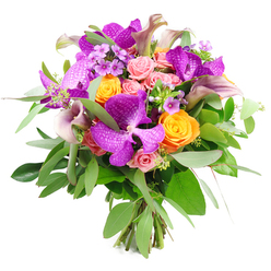 Presented on a clean white background, this abundant bouquet looks as if it has just been set down on a florist's bench in central Oxford, every bloom carefully placed to create a sense of rhythm and movement. The eye is immediately drawn to the exotic Vanda orchids in bold shades of purple and fuchsia, their broad, wing-like petals patterned with delicate speckles that give them an almost lace-like quality. Woven between these dramatic flowers are clusters of bright orange roses, each bloom tightly cupped and full of energy, adding a cheerful glow that calls to mind autumn sunsets over South Park. Pale pink and blush garden roses are scattered through the bouquet, from tightly furled buds to softly opened flowers, offering a gentle, romantic counterpoint to the more vivid tones.   

Rising above and between the roses and orchids, several calla lilies in sophisticated plum and dusky mauve create sweeping, trumpet-shaped curves that lend a sculptural elegance to the design. Small lavender filler flowers are tucked into the gaps, forming tiny constellations of star-like blossoms that add texture without overwhelming the composition. Around the outside, a generous skirt of greenery blends slender, silvery eucalyptus with darker, glossy leaves, framing the colours and suggesting freshness, as if just gathered for same-day delivery to a home near Summertown or Headington. The gathered stems are clearly tied together at the base, showcasing a hand-tied finish that feels modern yet timeless. This bouquet visually suggests celebration and thoughtful gifting, perfect for congratulating an Oxford graduate, marking an anniversary dinner on Cowley Road, or bringing a burst of refined colour to a quiet office near the Bodleian.