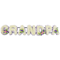 The image shows a lovingly designed GRANDPA funeral tribute, laid out horizontally so every letter can be read at a glance, as if it were placed on an easel in a peaceful Oxford chapel. Seven sturdy capital letters are completely filled with tightly packed white chrysanthemums, their small, many-petalled blooms forming a thick, velvety blanket of flowers that symbolises purity and gentle remembrance. Each letter is carefully edged with a fine border of cool lavender and deeper purple blossoms, probably statice or heather, which trace the contours and give a soft, cloud-like outline. Within selected letters, small hand-tied clusters add colour and personality: the G holds a graceful white lily-style bloom nestled among rich fuchsia flowers and deep purple accents; the first A mirrors this with its own pink and purple spray; the D carries a slightly larger focal cluster combining white, pink, purple, and sprigs of bright green foliage, while the final A is touched with similar tones. All the letters rest on a slim, dark green frame that runs quietly behind them, supporting the design without drawing attention away from the flowers. Photographed on a stark white background with gentle, even lighting, the textures and shades are clearly visible, from the fluffy chrysanthemum centres to the delicate purple trim. The overall effect is one of dignity and warmth, like a floral embrace created to honour a grandfather whose life might have been woven through places such as Headington, Jericho, or the leafy streets near University Parks, offering comfort to family and friends gathered in farewell.