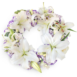 A perfectly rounded sympathy wreath is presented against a clean white backdrop, allowing every detail of its white and purple flowers to stand out with quiet dignity, like a peaceful corner of an Oxford college garden. The design is dominated by generous Oriental lilies, their large, satin-smooth petals opening gently from buds into full, star-shaped blooms. Each lily reveals a pale green centre and tall stamens dusted with rust-coloured pollen, a subtle touch of warmth in an otherwise cool, calming palette. Between the lilies, layers of lisianthus flowers create a soft, cloud-like cushion; their petals are finely ruffled and traced with delicate strokes of lilac and violet, evoking the soft tones often seen along the paths of University Parks or the banks of the Cherwell. Small buds and partially opened flowers nestle among them, suggesting tenderness, continuity, and the quiet unfolding of memory. Here and there, slender leaves and muted green sprigs emerge from beneath the blossoms, providing structure and a natural rhythm without interrupting the sense of lightness. The wreath forms an unbroken circle, symbolising eternal love and remembrance, and its soothing colour harmony lends itself beautifully to funerals, cremations, and memorials held across Oxford, from Headington to Summertown. The overall atmosphere is calm and contemplative; you can almost imagine the faint, sweet fragrance of lily and lisianthus drifting through a still chapel. Crafted with care by experienced local florists, this arrangement offers a gentle floral embrace for families wishing to express sympathy, honour a loved one's life, and bring a measure of beauty to a time of loss.