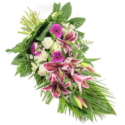 Set against a clean white background, this elongated sympathy spray is arranged in a gentle diagonal sweep, evoking the quiet, reflective mood of a peaceful walk along Oxford's Christ Church Meadow. The flowers form a flowing crescent from top left to bottom right, ending in a soft taper that gives the design a teardrop shape. At its heart, bold Stargazer lilies unfurl in vivid fuchsia-pink, their petals edged in crisp white and sprinkled with burgundy speckles like delicate brushstrokes. Some lilies remain in bud, tipped with soft green, hinting at blooms still to come and memories that continue to unfold. Interwoven with the lilies are deep magenta gerbera daisies, their rounded, velvety centres radiating petals that add warmth and vibrancy. Creamy white roses, some tightly furled and others beginning to open, bring a sense of purity and quiet reverence. Ruffled white carnations nestle around them, contributing comforting texture and fullness. Tiny white daisy-like fillers are scattered throughout the arrangement, adding a whisper of innocence and light. The flowers rest on a generous bed of foliage: broad, glossy dark green leaves give structure, while airy fern fronds and long, slender blades of greenery extend outward and downward, enhancing the spray's elegant shape. The stems are neatly bound at the top left, revealing the craftsmanship of a local Oxford florist preparing a meaningful farewell tribute. This design would sit beautifully beside a coffin in a city church near the High Street or be delivered to a family home in Summertown, offering a heartfelt expression of sympathy, respect, and enduring love.