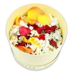In this image, a round, light cream hatbox brims with an opulent mixture of dried flower petals, set crisply against a white background that echoes the clean stone of central Oxford streets after rain. The box has a simple, modern shape, its matte surface carrying a discreet FLOWERS marking near the top edge, as if whispering what lies within rather than shouting for attention. Inside, the petals are piled generously, forming gentle waves of colour: velvety rose petals in intense crimson red, softened by pools of golden yellow and mellow peach-orange, each one slightly curved and layered to create a sense of movement. Nestled among them, small clusters of delicate white hydrangea florets, with occasional pale sky-blue hints, drift like light clouds over a sunset sky, bringing contrast and calm to the composition. The textures are clearly defined - the smooth, almost silky rose petals against the more papery, translucent hydrangea - inviting the viewer to imagine the soft rustle they might make when touched. Photographed from a slightly raised angle, the arrangement feels both abundant and thoughtfully composed, suggesting the careful work of an experienced Oxford florist preparing a refined tribute. This selection of dried petals would be fitting for a funeral, memorial, or scattering ceremony in and around Oxford, from quiet services near Headington to intimate goodbyes in the villages just beyond the city, offering families a natural, beautiful way to say a gentle final farewell.