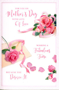 This Mother's Day card design feels like a small floral still life arranged by an Oxford florist, with every detail composed to honour a much-loved mum. At the centre, a loose bouquet of pink roses stretches diagonally across the card, each rose at a different stage of opening, from gently cupped buds to full, rounded blooms that reveal layers of velvety petals. The colours move gracefully from soft blush, like the first light over Christ Church Meadow, to deeper rose tones reminiscent of evening skies along the Thames. Around the main cluster, individual petals are scattered in a seemingly casual yet artful way, as if a breeze had just moved through the scene. The white background makes the pinks glow more vividly, while subtle shading suggests a soft, natural light, similar to daylight streaming through a window in Jericho. Flowing calligraphy weaves through the composition, spelling out a warm Mother's Day sentiment in swirling lines that feel hand-inked rather than mechanical. A delicate ribbon, tinted in pale pink and cream, loops around the bouquet and disappears behind one of the larger roses, adding a sense of depth and three-dimensionality, like a carefully tied bow on a hand-tied bouquet. The overall effect is one of gentle celebration and affectionate calm, the kind of card that would sit beautifully beside a fresh arrangement delivered across Oxford, conveying love, appreciation, and the quiet luxury of being cherished.