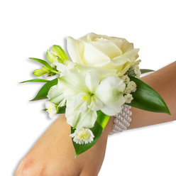 This elegant wrist corsage, photographed on a fair-skinned wrist against a stark white background, reads like a little story of refined celebration. A creamy white rose anchors the design, its petals unfolding in soft, velour-like spirals that catch the light and lend the piece a tender luminosity. Just beneath and to the left, a trumpet-shaped white bloom-possibly an alstroemeria-reveals a subtle green-yellow throat that adds depth and a hint of citrus brightness to the palette. Tiny clusters of baby's breath weave through the arrangement, offering a cloud of delicate texture, while several vivid green buds tuck in among the blooms, suggesting future opening and quiet movement. Toward the lower edge, a small grouping of white daisy-like florets with golden centres adds a charming, informal accent to an otherwise classic composition. Rich, deep-green leaves with a satiny finish cradle the flowers, their broad shapes creating a lush backdrop that makes the whites read as even more pristine. The flowers are mounted on a chic, elastic multi-strand pearl bracelet; the round, ivory pearls hug the wrist with cool, polished smoothness, marrying traditional elegance to wearable comfort. Imagined for occasions from prom nights to wedding ceremonies around Oxford-perhaps glimpsed on a guest strolling past the Covered Market or pausing by Carfax Tower-this corsage balances modest fragrance with enduring style. Prepared with the care you'd expect from a local shop such as Flowers Oxford, it carries the quiet authority of fresh, hand-selected blooms and thoughtful design.