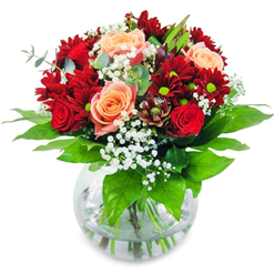 Picture holding this lush bouquet in your arms as the delicate play of sunlight typical of Oxford's golden afternoons dances across its vibrant petals. The velvety fullness of each red rose and chrysanthemum invites a lingering glance, while soft gypsophila drifts among the blooms like delicate mist over Port Meadow at dawn. Ribbons of peach and apricot roses introduce a gentle radiance, their subtle glow reminiscent of the first warm day of spring at the Botanic Garden. Stems rest in a clear glass vase, the water magnifying their freshness as if just cut from a Cotswold country garden. The thoughtful pairing of textures-silky petals, airy gypsophila, robust leaves-creates a harmonious blend, while the mingled scents of greenery and sweet rose evoke the promise of new beginnings along the High Street. Whether gracing a birthday brunch in Summertown, brightening an anniversary, or serving as a bearer of congratulations for exam success, this bouquet embodies joy, warmth, and Oxford's signature blend of tradition and creativity. Every detail is thoughtfully curated, expertly arranged for a truly uplifting and memorable gift, expressing both artistry and genuine local spirit.