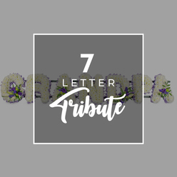 Against a soft, mid-grey backdrop, a refined funeral letter tribute is presented with quiet elegance, echoing the kind of personal memorial many families in Oxford request. At the heart of the image is a slightly darker grey square bordered in white, almost like a framed announcement. Inside, clear white text stands out: a large "7" at the top, the word "LETTER" set in smaller, tidy capitals beneath, and finally "Tribute" sweeping across the bottom in a graceful script, hinting at something lovingly handcrafted. Peeking from behind this central square are the floral letters of the word "GRANDMA," arranged as a continuous display as you might see resting near a graveside or crematorium chapel. Each individual letter is densely packed with white chrysanthemums or similar button-headed blooms, their layered petals forming a rich, comforting surface, reminiscent of soft fabric or freshly fallen snow. Here and there, clusters of deep purple flowers and fresh greenery are woven through the white base, adding gentle colour contrast and a sense of life and renewal. To the left, the rounded form of the letter "G" is clearly visible, edged with white petals and punctuated by a purple accent, while the following letters "R," "A," "N," "D," "M," and final "A" appear partially obscured around the central grey square. The composition feels peaceful and composed, suggesting a bespoke seven-letter tribute carefully created by an experienced florist in Oxford, perhaps destined for a farewell service in Cowley, Summertown, or near the colleges where generations of families have gathered to say goodbye.