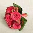 A luxurious, hand-tied bouquet of deep red roses and berries rests on a soft, light beige fabric, its fine texture reminiscent of linen you might see in an Oxford college hall. Captured from a slightly elevated angle, the compact arrangement fills the frame with velvety crimson blooms, each rose opening in layered spirals that move from darker, wine-red centers to slightly brighter scarlet tips. Between the roses, clusters of rounded Hypericum berries in shades of reddish-pink to berry-red catch the light, adding glints of brightness and intricate texture, like tiny jewels tucked among the petals. Broad, dark green tropical leaves are carefully wrapped and curled around the base, their glossy surfaces and marked veins creating a sculptural collar that grounds the design. At the stems, a rich red satin ribbon is tied firmly, its smooth sheen echoing the roses' softness and giving the bouquet a refined, polished finish. The lighting is gentle and even, casting no harsh shadows, so every velvety petal edge and each glossy berry can be clearly defined. The overall mood is romantic and sophisticated, ideal for a Valentine's surprise in Jericho, a proposal beside the River Thames by Folly Bridge, or a wedding accent in one of Oxford's historic churches. Though the image is still, you can almost sense the cool, fresh feel of the roses and the subtle, green-floral scent they would bring into a quiet North Oxford townhouse or an intimate dinner in the city centre.