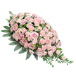 A refined funeral spray is pictured lying diagonally on a bright white surface, shaped in a classic teardrop that widens generously at the upper left and then narrows into a soft, elegant point at the lower right. The entire form is densely packed with flowers, so that almost no gaps of bare foliage are visible from above. Soft pink roses dominate the eye, their petals layered and velvety, some blooms fully unfurled while others are still gently cupped, creating a subtle play of light and shadow within each flower. Interspersed throughout are numerous light peach-pink carnations, their characteristic frilled edges adding a delicate, rippled texture alongside the smoother rose petals. The blooms sit on a bed of dark green foliage that both frames and supports them: larger, rounded leaves give the arrangement substance, while more slender, trailing sprigs slip from the sides and the pointed tip, giving the design an easy, flowing grace. The colour combination of pastel pinks against rich greens is calming and understated, evoking the quiet corners of Oxford's Botanic Garden or a tranquil walk along the River Thames at Iffley on an overcast day. Although the photograph is still, the spray feels thoughtfully alive, a fresh and dignified tribute meant to rest on a casket, graveside, or memorial table during a final farewell. The composition reflects experienced local craftsmanship and a sensitive understanding of grief, offering a visual expression of sympathy, remembrance, and enduring love for families across Oxford and nearby neighbourhoods.