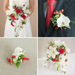 This four-image composition captures a fully coordinated wedding florals set in a refined red-and-white scheme, the sort of signature look that suits a ceremony in a restored Oxford chapel or a reception in a town-centre Georgian townhouse. In the upper-left panel the bride is shown from mid-torso, her lace bodice luminous against a soft beige backdrop as she holds a generous cascading bouquet. The bouquet layers open white lilies and tightly budded red roses with elegant white phalaenopsis orchids that tumble downward like satin ribbons. Interspersed are delicate sprigs of Gypsophila (baby's breath), clusters of red hypericum berries and mixed foliages - some broad, some fine and wispy - creating a textured, three-dimensional feel. The top-right close-up focuses on the groom's boutonniere on a dark grey suit: a pristine phalaenopsis bloom sits centre stage, framed by tiny baby's breath and twin berry clusters, tied with a slender red ribbon that picks up the groom's tie. Below, a small corsage rests on a light woven fabric, showing the tactile contrast between smooth orchid petals and the waxy berries, finished with a playful red ribbon loop. The bottom-right image reveals a tabletop arrangement in a white woven vase, flanked by white spherical accents; it echoes the bride's bouquet so the wedding décor reads as a single, elegant statement. The lighting is soft and natural, suggesting a spring celebration and the scent profile leans sweetly of rose and lily - perfect for an event with guests arriving from Jericho or Summertown in Oxford.