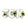 A calm, reverent tribute formed into the three large letters TOM, each letter built from densely packed, pillowy white chrysanthemums whose tiny petals create a soft, tactile surface that seems to cradle light. The clean white of the blooms reads as comfort and quiet; around the edges a neat royal blue ribbon traces every curve and corner, giving each character a crisp definition and a hint of dignified colour against the white backdrop. Nestled into the lower centre of each letter is a small, balanced spray-an intense, velvety deep red rose at the heart, surrounded by delicate creamy spray roses and slender fern fronds that add a feathery green counterpoint. From a distance the composition reads as a single, tranquil statement of remembrance; close up you notice the textural contrasts: the chrysanthemum's soft domes, the smooth, satiny rose petals, and the slightly waxy sheen of the foliage. A dark metal bar runs discreetly behind the base, providing subtle structural support so the letters stand upright at services or on a memorial stand. The arrangement is photographed against a plain white background, the lighting soft and even so the colours read true-white, royal blue, deep red and fresh green-without distraction. As a local florist might explain to a bereaved family, this arrangement is designed to be both formal and intimate: a handcrafted name tribute that carries the calm dignity appropriate for funeral and memorial settings in and around Oxford, from church services near St Giles to quiet gatherings by the Botanic Garden.
