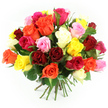 An opulent hand-tied bouquet of roses is positioned against a spotless white background, the blooms gathered into a generous, globe-like cluster that seems to overflow with life and colour. The arrangement showcases a harmonious mix of rich red, crimson, and burgundy roses alongside lively yellow, tangerine orange, soft pink, bright fuchsia, and creamy ivory flowers, each hue thoughtfully placed so the colours blend rather than compete. Many roses are in their prime, fully open with layered petals that curl outward in soft, velvety folds, while others remain slightly closed, their centres still secret and promising longevity. Hints of dark green foliage break through the mass of petals here and there, acting like pauses in a piece of music, giving the eye a rest and highlighting the vibrancy of the surrounding colours. The stems beneath the dense crown of flowers are aligned neatly and bound with a green and white checked ribbon, adding a gentle, rustic detail that feels at home whether the bouquet is headed to a townhouse off Iffley Road or a celebration in the heart of Oxford. The even, bright lighting eliminates distractions and focuses attention on the natural textures-the faint sheen on each leaf, the soft matte finish of the petals, the subtle shadows in the folds. This bouquet evokes feelings of celebration, gratitude, and romance, suitable for anything from a birthday gathering in a Jericho café to a quiet anniversary dinner at home. While the image is silent, you can easily imagine the subtle, classic scent of mixed roses drifting upwards, completing the sense of freshly arranged beauty and thoughtful craftsmanship.