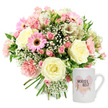 Photographed against a bright, seamless white background, this image presents a tender floral gift set designed to celebrate a special mum, with the calm clarity of an Oxford morning in early spring. On the left, a rounded bouquet is displayed as if freshly tied, its stems neatly gathered and left visible at the base. The palette is soft and feminine, blending cream, blush pink, and fresh green tones. At the heart of the arrangement, creamy roses open fully, their spiralling petals thick, velvety, and gently cupped, offering a sense of luxury and calm. Around them, blush-pink carnations with frilled edges mingle with deeper pink spray roses, each tiny bud and open flower adding depth and texture like a patchwork of colour along the Oxford Canal. Bright pink gerbera daisies with dark, contrasting centres add a bolder note, their wide petals fanning out in perfect symmetry. White alstroemeria, slim-petalled and delicately flecked with reddish-brown streaks, weave between the larger blooms, bringing a refined, almost lily-like elegance. Fine sprigs of baby's breath (gypsophila) drift through the arrangement, their tiny white blossoms forming soft clouds that lighten the overall look, while scattered green leaves provide a crisp, natural backdrop that hints at freshly cut stems and same-day delivery across Oxford's neighbourhoods. To the right of the bouquet stands a white ceramic mug, smooth and glossy, its handle curving gently outward. On the front, a soft, watercolour-style pink heart frames the words WORLD'S BEST Mum: the phrase WORLD'S BEST printed in clear black capitals, with Mum below in a flowing, metallic gold script. Together, the bouquet and mug create a heartfelt scene, ideal for Mother's Day, a birthday, or any quiet moment of appreciation in an Oxford home.