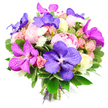 In this image, a lavish bouquet is shown against a plain white background, the clean setting allowing every blossom to stand out, as if displayed in the window of a small Oxford florist near the Covered Market. The arrangement is tightly composed, forming a rich, rounded cluster of colour. At its heart, large, open pink peonies unfurl in generous layers, their ruffled petals overlapping to create a cloud-like softness that immediately suggests affection and celebration. Among these peonies sit eye-catching Vanda orchids in intense purple and fuchsia shades; their broad petals, decorated with intricate, speckled veining, lend a bold, almost architectural presence that contrasts beautifully with the peonies' softness. Surrounding these are delicate spray roses in soft pink, peach, and creamy white, some still closed as neat buds, others partially open, revealing spirals of petals. Small white filler flowers, likely spray chrysanthemums or asters, are scattered throughout, adding fine texture and highlighting the deeper tones around them. The whole bouquet is embraced by an abundance of lush green foliage, with glossy leaves and smaller textured greens providing depth, shape, and a sense of fresh-cut vitality, as though the stems were gathered from gardens near University Parks. The stems at the base are neatly aligned and secured with a decorative purple ribbon and a touch of translucent mesh, giving a refined, professional finish. The overall impression is one of joyful luxury and modern romance, perfectly suited to milestone birthdays, anniversaries, or thank-you gestures, and ideal for same-day floral delivery across Oxford's varied districts, from Cowley to Summertown.