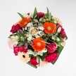 This bouquet radiates the kind of cheerful energy that seems at home beside Broad Street's lively cafes or at a family celebration in Summertown. At its heart, vibrant orange gerberas project joyful confidence, their bright faces drawing the eye amidst a bed of voluptuous magenta carnations and soft blush roses. The arrangement layers textural richness-petals that invite a gentle touch, dewy sprays of white alstroemeria, and clusters of miniature daisies that lend a fresh, dawn-like lightness to the ensemble. Surrounding greenery, glossy and abundant yet never overpowering, frames the florals in a way that mirrors the abundant planting of Oxford's riverside walks. The palette is harmonious despite the multitude of tones, woven by the hands of an experienced florist into a tapestry that exudes optimism, artistry, and care. The gentle scent of rose and carnation, with just the faintest hint of new greens, rises from the bouquet, perfect for bringing the promise of spring indoors or marking momentous occasions. Designed for birthdates, congratulations, or simply to uplift, the arrangement is a vibrant ode to Oxford's timeless sense of celebration and community.