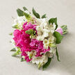 A lush hand-tied bouquet lies on a softly textured beige fabric, reminiscent of simple linen you might find on a table in an Oxford café near the Covered Market. The arrangement is dominated by sumptuous hot pink peonies, their heads generously open and layered with full, ruffled petals that create a plush, cloud-like centre. Around these focal blooms, clusters of white alstroemeria fan out gracefully, each blossom made up of slender petals gently marked with fine speckles and streaks of soft pink and cinnamon near the throat. These markings introduce a quiet wildness to the bouquet, as though the flowers were freshly gathered from a country garden just beyond Headington or Botley. Among the main flowers, spiky green buds stand proudly, their upright forms adding structure and contrast against the softness of the peonies and lilies. Deep green foliage curls and folds around the blooms, framing them and giving the arrangement a full, rounded silhouette that tapers towards the stems. The green stems themselves are neatly aligned and wrapped with a pale pink ribbon tied firmly, signalling a hand-tied style often chosen for bridal bouquets and elegant events. The bouquet's colours are vibrant yet harmonious - fuchsia pink, bright white, and rich green - set off beautifully by the calm neutral background. It evokes the joy and romance of a wedding morning in Oxford, perhaps before a ceremony in a historic chapel or a celebration in one of the city's leafy venues near University Parks. The whole piece suggests care, craftsmanship, and the fresh beauty of seasonal blooms arranged by experienced local florists.
