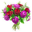 Captured against a pristine white background, this hand-tied bouquet commands attention with its rich, romantic colours and carefully balanced form. Deep red roses form the emotional core of the arrangement, their velvety petals tightly spiralled at the centre and gradually opening outward, each rose like a small, glowing heart that might be delivered to a loved one in central Oxford or tucked into a townhouse just off Iffley Road. Surrounding and weaving between the roses are abundant purple carnations, their frilled petals densely layered to create a soft, cloud-like effect. These carnations shift in tone from vivid magenta to deep plum, offering a vibrant contrast that makes the red roses appear even more intense. The overall impression is one of warmth, passion, and celebration. Lush green foliage fills out the shape, with glossy dark leaves providing structure and a polished finish, while slender eucalyptus stems in muted sage green stretch outward, introducing lightness and a subtle airy movement. The stems are aligned with precision and bound together low at the base by a fine red ribbon or string, leaving a neat, fan-like spread of stems that reveals the hand-crafted nature of the bouquet. The lighting is even and bright, with no distractions from the clean white background, so that every petal edge, leaf vein, and curve is clearly defined. This bouquet feels perfectly suited for Valentine's Day, a proposal dinner near the Covered Market, or a heartfelt thank-you to someone special, ready for reliable local delivery across Oxford's varied neighbourhoods.