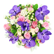 From a bird's-eye view, this bouquet appears like an exquisitely painted circle of colour set against a spotless white background, every stem placed to create a sense of balanced abundance. Striking Vanda orchids in rich royal purple act as the stars of the design, their broad petals marked with intricate violet veining that looks almost hand-drawn. They create dramatic focal points among a gently swirling sea of roses in blush pink, pastel rose, and soft cream, each bloom layered closely with its neighbours so that hardly any gaps can be seen. Some roses are still wrapped in tight buds, others are beginning to open with delicate, velvety spirals, giving the bouquet a feeling of life and movement, as if it has just been gathered from a hidden walled garden off St Giles'. Interspersed between these larger flowers are dainty white clusters of tiny blooms, adding a lace-like lightness and softening any sharp edges. Creamy white hypericum berries dot the design like small pearls, introducing a rounded, polished texture. The flowers are held together by a rich collar of foliage: deep green, glossy leaves provide depth and freshness, while softer, silvery-green sprigs lend a cool, feathery accent that hints at a gentle breeze on an Oxford morning. The overall impression is of luxury without excess, romance without fuss - a bouquet that could serve as a centrepiece for an intimate dinner near the Covered Market, a thoughtful anniversary surprise, or a graceful congratulations gift, carrying with it the quiet charm and artistry of local Oxford floristry.