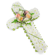 A serene floral cross tribute, ideal for a funeral or memorial in Oxford, stands out against a plain white background, its craftsmanship conveying both reverence and tenderness. The entire shape of the cross is built up with countless small white cushion chrysanthemums or similar petite blooms, closely packed to form a soft, uniform surface that suggests purity, innocence, and peace. There are no visible stems or gaps, only a continuous field of white petals that feels similar to a gentle blanket of frost on an early morning walk through University Parks. Tracing the full outline of the cross is a neat green border created from fresh foliage or compact green floral elements, which adds a bright, living contrast and clearly defines the cross's arms and base. At the central meeting point of the vertical and horizontal arms, a carefully arranged focal spray provides warmth and colour. Several open roses, in comforting shades of peach, blush pink, and creamy white, are nestled together with their velvety petals layered in soft spirals. Around and between them, you can see light fern fronds, slender loops of bright green grass, and tiny purple filler flowers that peek through, lending depth and gentle movement to the composition. The lighting is clean and balanced, revealing the subtle differences between the whites, creams, greens, and lilacs without any harsh glare. This floral cross would be a thoughtful choice for a service in local churches around Headington or a farewell at Botley Cemetery, offering a visual prayer of remembrance, faith, and quiet solace.