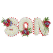 A deeply tender floral tribute spells the word SON in three-dimensional capital letters, set against a clean white background and lit as if by soft morning light. Each letter is densely padded with small, pristine white chrysanthemums, their rounded, fluffy heads creating a cloud-like, tactile surface that reads both gentle and steadfast. A bright red satin ribbon is pleated into a scalloped edge around every perimeter, the glossy trim folding like fabric lace to crisply define the curves and angles of S, O and N while introducing a vivid, warming contrast. Three accent clusters break the white expanse with quiet elegance: the S carries a sprig at its upper left curve, the O cradles a bouquet at its lower centre, and the N bears a trailing cluster on its top-right. Each grouping pairs velvety deep red roses with upright, blue-purple Liatris spikes and rich, dark green foliage - fine fern fronds and trailing leaves that soften edges and add depth. The scent is implied rather than shown: the faint, comforting perfume of roses and the clean green note of fresh foliage. This arrangement reads as a bespoke funeral tribute for a beloved son, where white chrysanthemums suggest purity and peace and the red roses speak of enduring love and grief. The crafting is meticulous - the flowers tightly wired and the ribbon hand-pleated - the kind of work a seasoned florist might prepare for a service near Oxford's Botanic Garden or a chapel close to Port Meadow, offered with respectful care for families arranging memorials in the city.