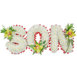 A lovingly composed three-dimensional floral tribute spells SON in large sculpted block letters, each letter formed from hundreds of small, pristine white chrysanthemum blooms packed closely together to create a cloud-like, velvety surface. The trio of letters sits against a plain white background so the textures and tonal subtleties read clearly: the chrysanthemums' soft, papery petals catch a gentle, diffused light that suggests an overcast morning or the hush of a chapel. Tracing the outer edges and following the inner curve of the O is a continuous scalloped ribbon of vivid red-folded and looped to create a crisp, architectural border that contrasts with the chrysanthemums' softness and introduces a note of warmth and courage. Atop each letter a single cluster of lime-green cymbidium orchids anchors the design: one tucked into the upper left curve of the S, another resting at the base of the O within its hollow center, and a third set near the upper right stroke of the N. Each orchid displays yellow-green petals with a delicate reddish-brown throat; their waxy, satiny texture and subtle cool scent sit quietly against the faintly powdery fragrance of the chrysanthemums. Lush green foliage and fine fern fronds spill around the orchids, adding vertical movement and a natural, reverent feel that softens the block letter forms. As a bespoke memorial piece, this arrangement conveys purity, love, and remembrance-appropriate for a graveside, chapel service, or quiet family tribute in Oxford. The craftsmanship, careful contrast of white, green, and red, and the tactile layering of materials make the display both formal and intimately personal, speaking to those arranging a farewell with tenderness.