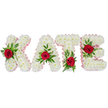 A handcrafted memorial arrangement spells the name KATE in bold, three-dimensional block letters, each letter densely formed from countless small, pristine white chrysanthemum blooms that create a cloud-like, tactile surface. The letters sit against a pure white backdrop so the texture of the chrysanthemums and the fine pleats of pale pink satin ribbon along each contour become the visual focus: the ribbon softens each edge and lends a gentle warmth to the otherwise serene white. Each letter is uniquely accented with a single deep crimson rose nestling into abundant green foliage - broad glossy leaves and delicate fern fronds - offering both contrast and natural movement. The rose on the K is placed low on the left vertical stroke, the A carries its rose centrally at the peak of its triangular form, the T has its crimson focal point at the base of the left side of its horizontal bar, and the E is adorned along its middle horizontal arm. There is a faint suggestion of rose perfume beneath the clean chrysanthemum scent, as if the tribute had been arranged in soft morning light near Port Meadow or a quiet lane off the High Street. This bespoke lettered tribute reads as a respectful, dignified expression of love and remembrance - the purity of white for reverence, the red roses for enduring affection, and the green for renewal - suitable for funeral services, celebration of life gatherings, or a private memorial laid by family and friends in Oxford and surrounding neighbourhoods.