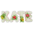 This image features a personalised funeral flower arrangement spelling out the name KATE in bold, freestanding capital letters, carefully aligned against a spotless white background that allows the colours and textures to stand out in sharp relief. Each letter is densely packed with pristine white chrysanthemums, their rounded blooms forming a smooth, continuous surface that reads clearly from a distance, much like tributes seen at services around Oxford crematorium or in local parish churches. A light pink satin ribbon neatly edges the outside of every letter, its soft pastel hue and subtle sheen introducing a note of tenderness and grace. Within the white floral base, the florist has placed striking clusters of accent flowers and greenery. On the left side of the K and near the base of the T, yellow-green cymbidium orchids with rich, spotted reddish centres emerge from pockets of deep green foliage, bringing a sophisticated contrast. The A and E are adorned with bold, heart-shaped red anthuriums, their glossy, almost waxy petals and protruding spadices giving a sculptural feel that symbolises enduring love. Fine green vines, slim leaves, and feathery fronds arc and curl over and around the letters, linking them visually from K to E and suggesting the continuity of memories and family ties across Oxford's close-knit communities. The lighting is soft and even, with minimal shadow, which allows every ribbon fold, petal edge, and leaf vein to be seen. Overall, the tribute feels thoughtful, dignified, and deeply personal, ideal for a memorial or graveside farewell where the name KATE is honoured with care and artistry.