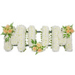 A refined funeral tribute spells out the word MUM in three bold capital letters, carefully photographed on a pure white background so that every flower stands out clearly. The letters themselves are completely filled with white spray chrysanthemums, each bloom small and tidy, packed closely together to form a plush, even surface that looks almost like a blanket of petals. Their bright white tone suggests purity, calm, and a sense of peaceful rest. Along the outer edges, a narrow band of dark green floral framework is just visible, crisply defining each letter and hinting at the sturdy structure beneath the delicate flowers. Resting on this snowy bed of chrysanthemums, three soft accents of roses bring warmth and colour. On the upper left section of the first M is a cluster of peach and blush pink roses, mixing open flowers with buds and framed by feathery fern leaves and deeper green foliage. A second, similar cluster sits at the lower centre of the U, where the letter curves into the base, and a third cluster balances the design at the top right corner of the final M. The contrast between the white base and the pastel roses gives the piece a gentle, feminine character, ideal for honouring a mother. This style of MUM tribute is often placed on the hearse or beside the coffin at services across Oxford, from city-centre churches near the High Street to more secluded cemeteries on the outskirts. The flowers together express gratitude, love, and a quiet, dignified goodbye.