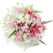 A meticulously crafted, round bouquet of lilies, roses, and baby's breath is displayed against a bright white backdrop, allowing its rich colours and textures to glow as though arranged in an Oxford studio flooded with daylight. Wide-open white lilies form the sculptural framework, their long, flaring petals curling gently at the tips and framing pale green throats with soft yellow stamens. Around and between them, clusters of roses in powdery blush pink and creamy ivory are tucked closely together, some tight-budded and others fully opened so that each layer of petal seems to fold into the next. Dramatic accents come from several deep fuchsia or magenta Oriental lilies, comparable to classic Stargazer lilies, whose striking petals show darker speckles and luminous yellow anthers at their centre, creating a bold contrast that draws the eye inward. Fine sprays of white Gypsophila thread through the arrangement like a veil, adding an airy, almost cloud-like texture that lightens the overall look. Hints of glossy green foliage peek out along the edges, providing subtle structure and a fresh, garden-like feel. The lighting is even and clear, emphasizing the velvety feel of the rose petals, the smooth sheen of the lilies, and the delicate fineness of each Gypsophila bloom. This bouquet exudes romance and polished elegance, ideal for college formals, intimate weddings in Oxford's historic chapels, or thoughtful same-day flower delivery across areas like Headington, Kidlington, and Jericho when you want a floral gift that speaks of love, celebration, and refined taste.