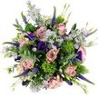 Captured from directly above against a crisp white backdrop, this sumptuous bouquet appears like a carefully painted circle of pinks, purples, and greens, the sort of thoughtfully arranged flowers you might have delivered to a cosy terrace off Iffley Road in Oxford. At the centre, fully opened roses in soft dusty pink and muted mauve reveal layer upon layer of unfurling petals, each bloom rich with texture and gentle movement. Scattered gracefully among them, small aster-like blossoms in pale lavender sit atop fine stems, their bright yellow centres adding a light, cheerful spark that keeps the palette from becoming too serious. Deep violet and royal purple lisianthus flowers nestle alongside the roses, some petals curled in shadow, others spreading out in soft ruffles that give the composition a plush, almost velvety depth. Tall, slender spikes of Veronica in vivid purple push upward through the bouquet, adding an energetic vertical line that contrasts with the rounded rose heads. Between these more familiar shapes, spherical tufts of bright chartreuse green Dianthus Green Trick appear, their densely packed, mossy florets lending a quirky, modern textural twist. Silvery eucalyptus leaves loop around the edges and weave through the centre, their cool green-blue tones softening the overall look and suggesting a calm, refreshing scent. Underneath and around the main blooms, darker green foliage and small buds ensure no gaps show, creating a sense of overflowing abundance. The overall impression is of a joyous yet sophisticated floral arrangement, perfect for sending warm wishes, celebrating an achievement at one of Oxford's colleges, or simply brightening a peaceful home near the city's historic streets.