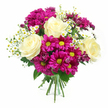 Set against a bright, uncluttered white background, this mixed-colour bouquet feels like a captured moment of early summer, carefully gathered and tied by hand. At its heart, generous roses in creamy white gently washed with pale yellow open in relaxed spirals, their velvety petals creating a sense of calm elegance. Around them, clusters of chrysanthemum blooms in rich magenta and lively fuchsia provide a joyful contrast, their yellow-green centres shining like tiny lanterns and adding a playful energy reminiscent of the colourful bustle around Oxford's High Street. Threaded between the larger flowers, slender stems carry petite white daisies that call to mind chamomile, each with a centred dot of warm yellow, bringing a breezy, countryside note you might associate with walks towards Shotover or the meadows along the river. A few smaller chrysanthemum buds in deeper purple-pink nestle among the open blossoms, suggesting tomorrow's blooms and adding a gentle rhythm of heights and shapes. The foliage is a deep, healthy green, curving softly around the flowers to create a rounded, full silhouette that looks both generous and thoughtfully balanced. At the base, the stems come together in a tidy bundle, secured with a green and white checked ribbon that hints at picnic cloths and relaxed gatherings. The clean, bright lighting catches every curve of petal and leaf, making the colours appear crisp and fresh. This bouquet would be a lovely choice for sending warm wishes, celebrating a special moment, or brightening a kitchen table or office in Oxford with its mix of serenity and cheerful colour.