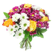 A richly coloured mixed flower bouquet is captured in sharp focus against a pure white background, allowing every shade and detail to stand out clearly. The arrangement is full and rounded, with no gaps, showing the careful work of an experienced florist. Several large roses with bi-colour petals form focal points throughout the design, their centres glowing in bright yellow before gradually deepening into orange and soft reddish tones at the edges, evoking the warmth of a sunny afternoon in Oxford's city centre. These are surrounded and softened by clusters of white daisy chrysanthemums, each bloom neat and symmetrical, with a striking lime-green disc at the centre that gives a crisp, contemporary feel. Interwoven between the daisies are numerous small, densely petalled chrysanthemums in bold magenta and fuchsia, their rounded forms and yellow-green centres adding both depth and a jewel-like intensity to the palette. Dark green foliage, similar to ruscus, peeks through the blooms, its smooth, slightly glossy leaves providing a natural frame and helping to separate the different colours so the eye can rest. The stems at the base are neatly gathered and cut, fanning slightly where they meet the surface, clearly showing this is a hand-tied bouquet ready to drop into a favourite vase in a Headington flat or a North Oxford home. With its interplay of yellow, orange, white, and magenta, the bouquet feels joyful, optimistic, and versatile, suitable for celebrations, thank-yous, or simply brightening a grey Oxford day with a burst of living colour.